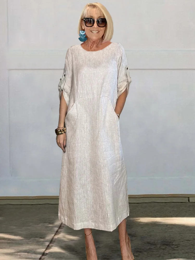 Loose Casual Solid Color Short Sleeve Cotton and Linen Dress socialshop