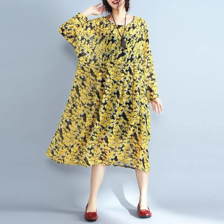 2018 yellow floral natural chiffon dress Loose fitting o neck traveling dress