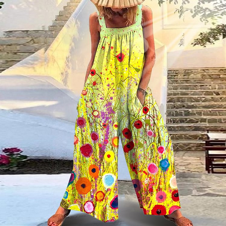 Casual Loose Contrast Floral Print Jumpsuit