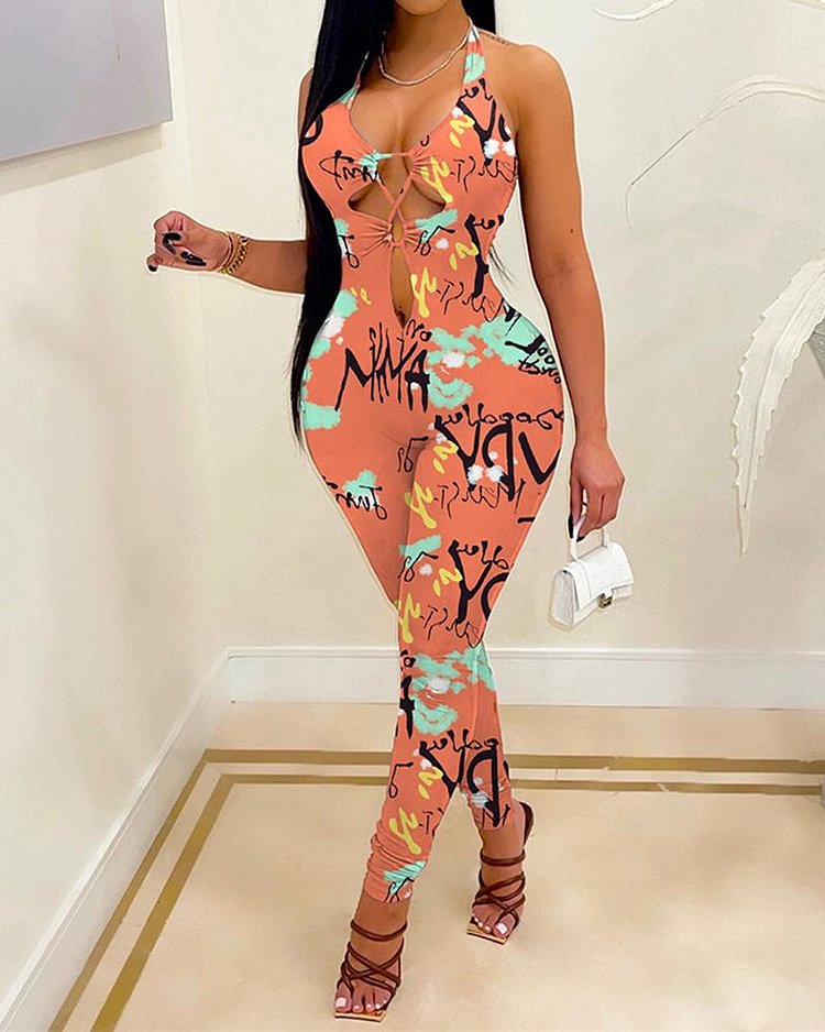 Allover Print Cut Out Backless Tie Back Form Fitting Halter Casual Jumpsuit - Shop Trendy Women's Clothing | LoverChic
