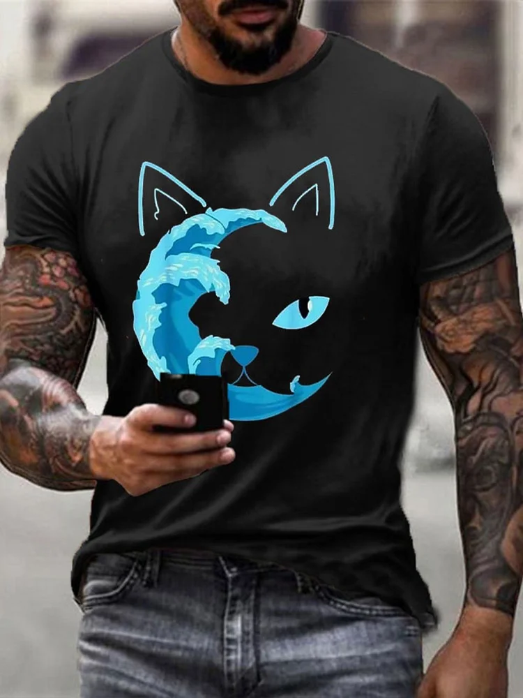 Men's Blue Wave&Cat Printed T-Shirt socialshop