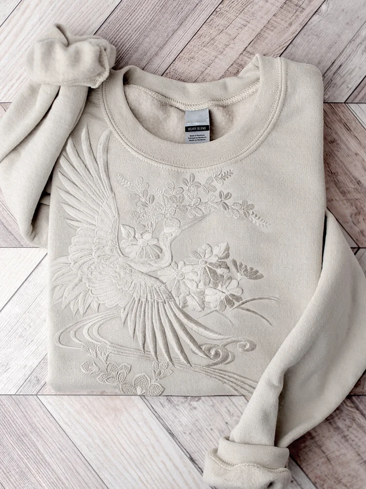 Comstylish Classy Cranes Japanese Embroidered Comfy Sweatshirt