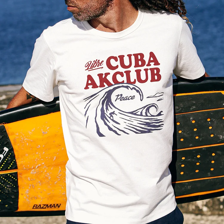 TIMSMEN Cuban Vacation Wave Crew Neck Print Short Sleeve Casual T-Shirt