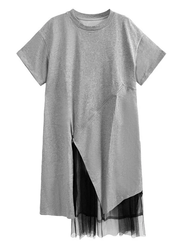 Fashion Asymmetric Gauze Split-Joint A-Line T-Shirt