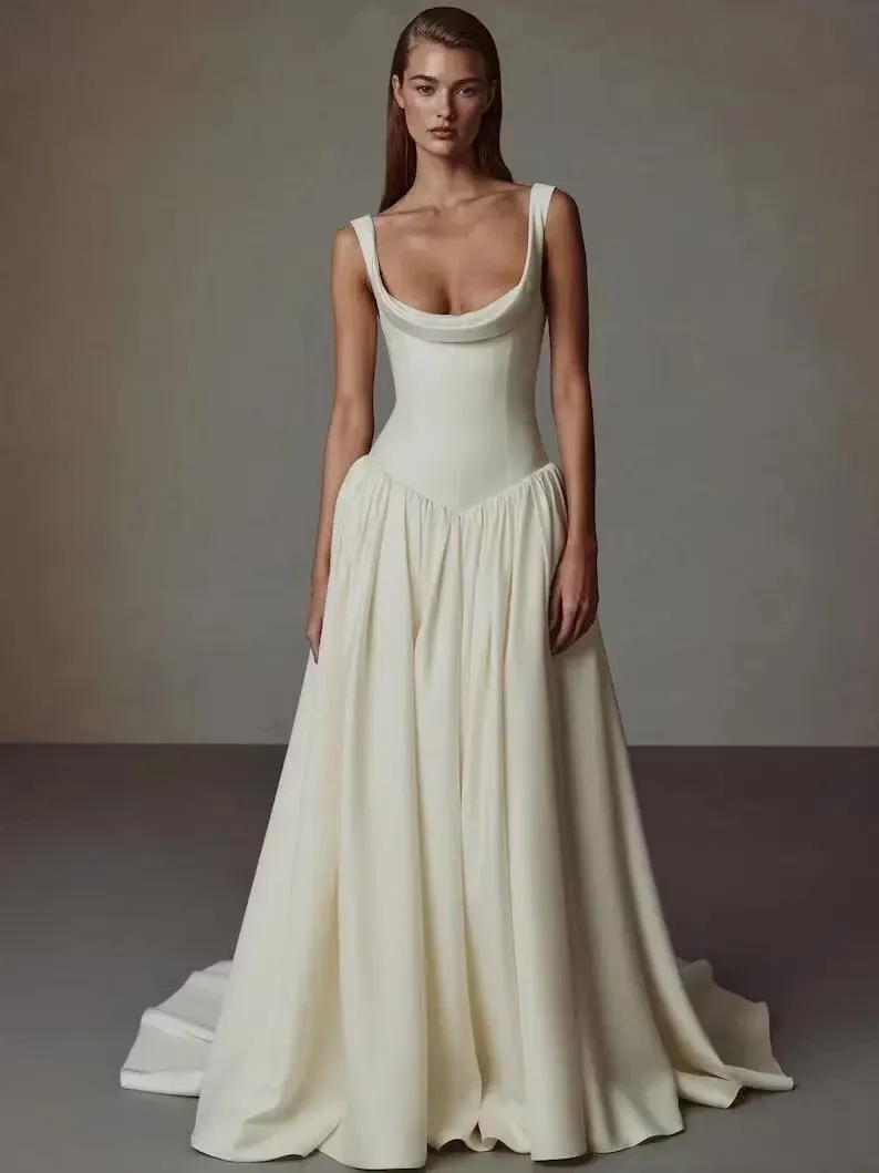 Satin U-Neck Spaghetti-Straps Sleeveless Long Pleated A-Line Wedding Dress | ZJ0120 Wellcucu