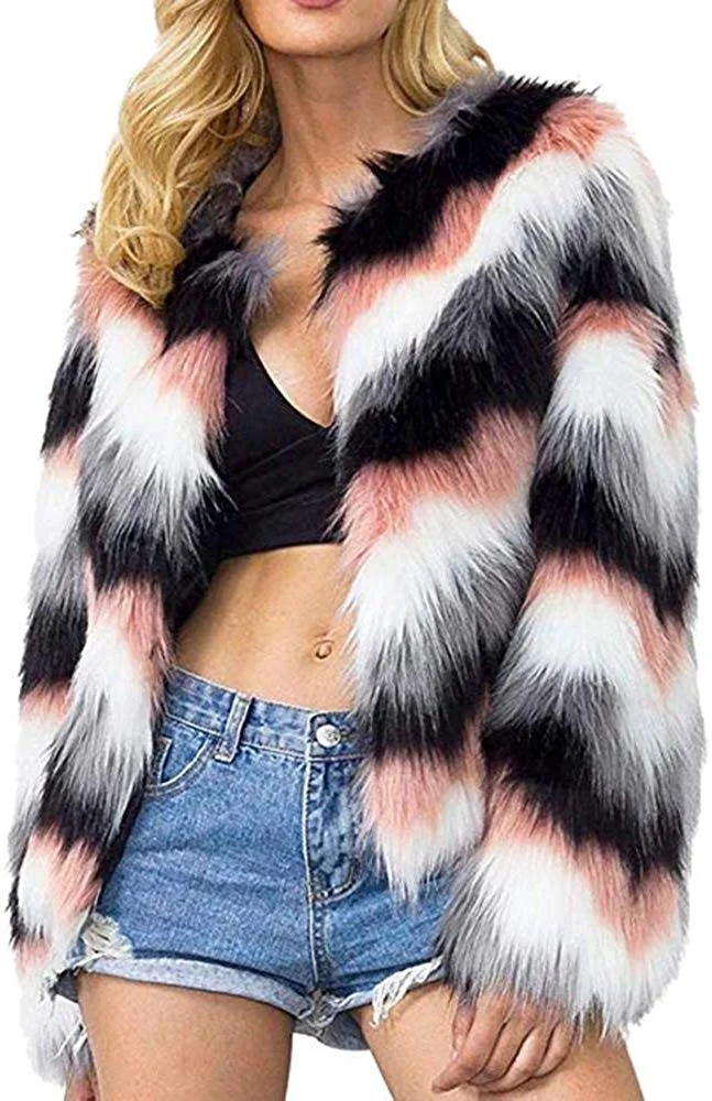 Women Warm Long Sleeve Parka Faux Fur Coat Overcoat Fluffy Top Jacket Leopard Brown