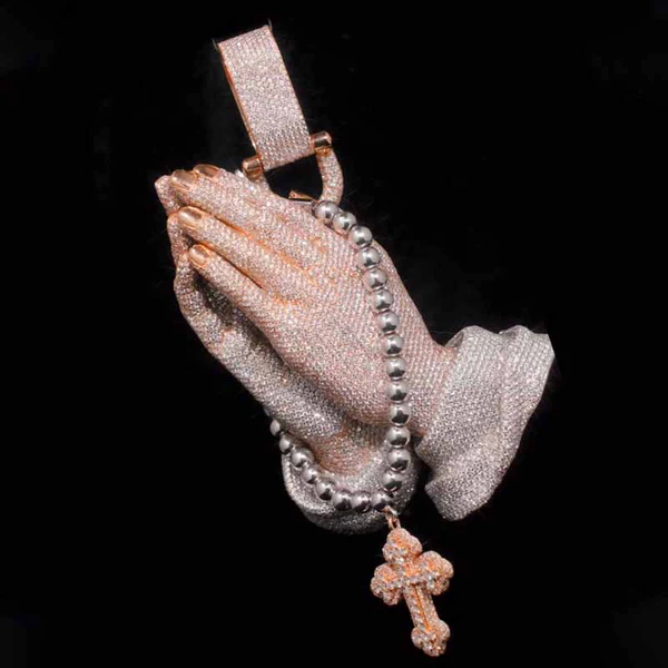 Praying Hands Cross Moissanite Pendant