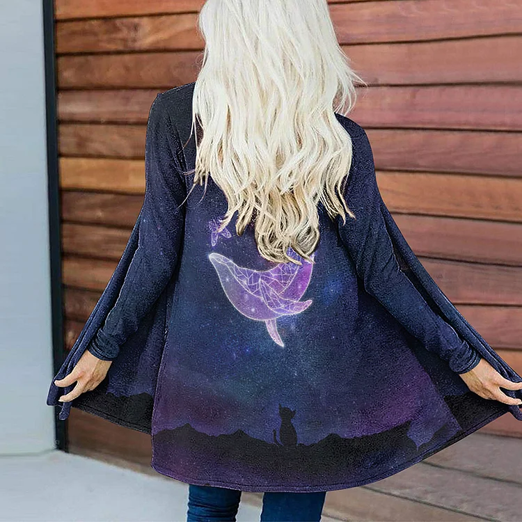 Vefave Whale Butterfly Print Long Sleeve Cardigan