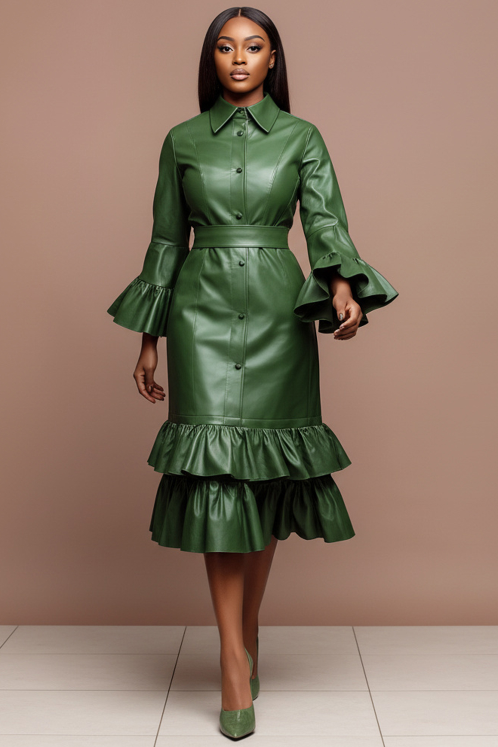 Xpluswear Design Plus Size Business Casual Green Shirt Collar Flare Long Sleeve Ruffle Elegant Bodycon PU Leather Midi Dresses Green-2XL/18-20 Xpluswear Design Plus Size Business Casual Green Shirt Collar Flare Long Sleeve Ruffle Elegant Bodycon PU Leather Midi Dresses Green-2XL/18-20