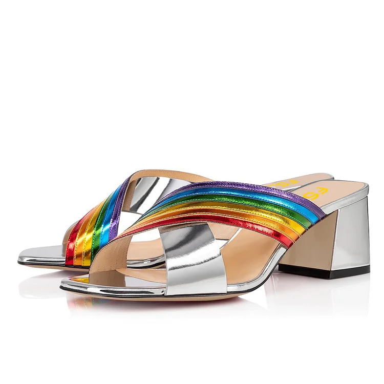 Silver and Rainbow Color Mule Heels Open Toe Slide Sandals |FSJ Shoes
