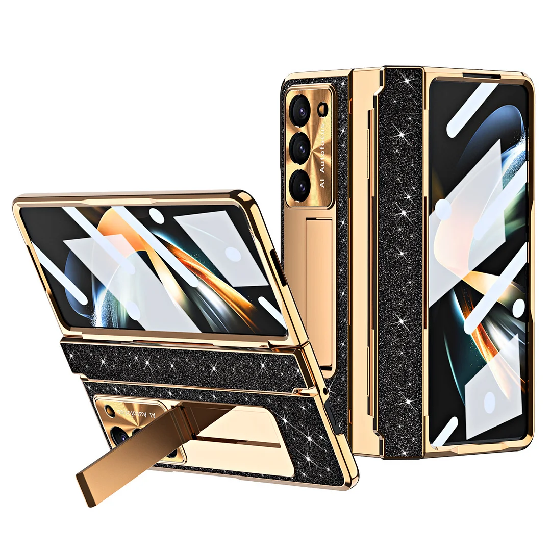 Luxury Electroplated Glitter Magsafe Magnetic Wireless Charging Phone Case With Kickstand,Screen Protector And Foldable Flat Hinge For Galaxy Z Fold3/Fold4/Fold5