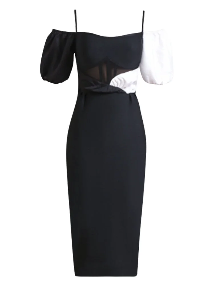 ABEBEY-Black and White Puffy Sleeve Bandage Dress