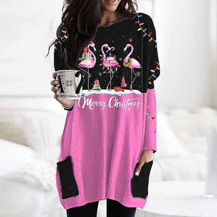 VChics Flamingo Light Print Long Sleeve Casual Tunic