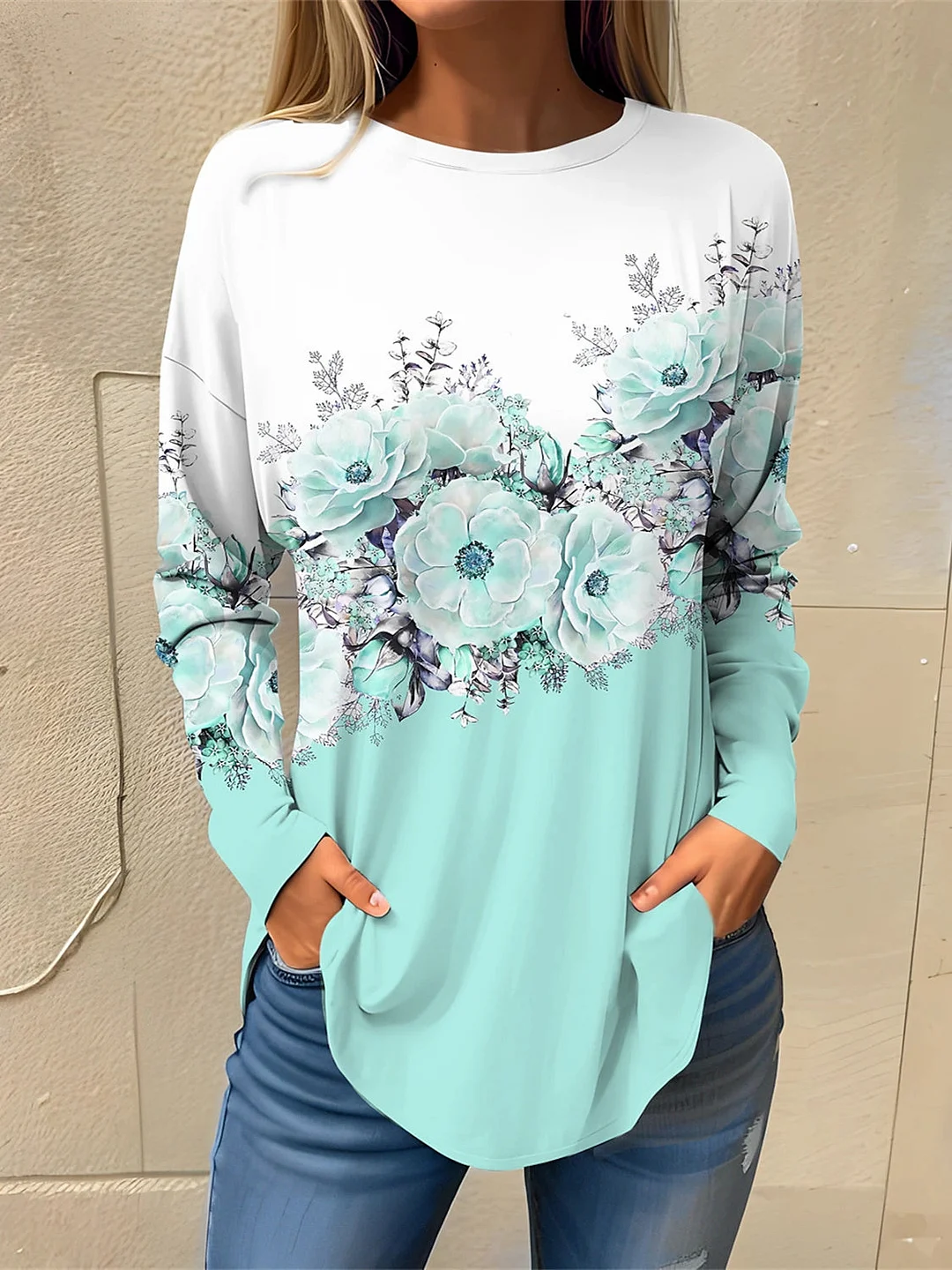 Women's Long Sleeve Scoop Neck Graphic Floral Printed Top