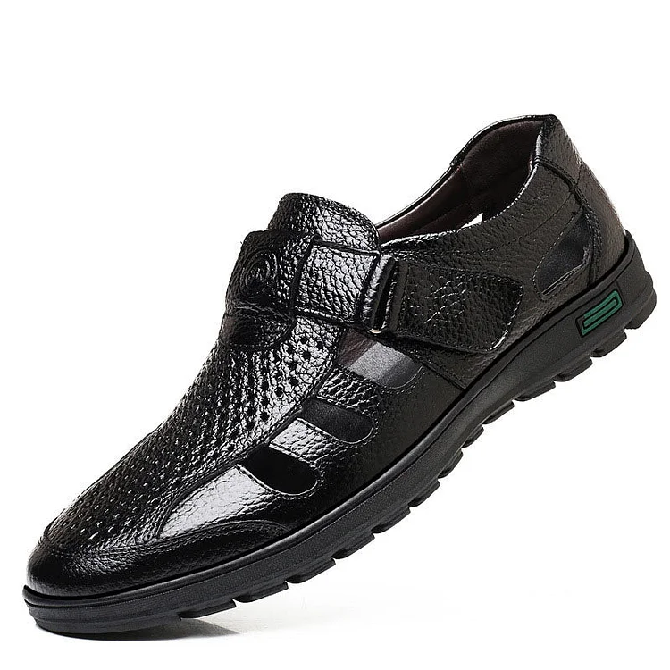 Men Hollow Out Cowhide Leather Slip-On Breathable Casual Shoes