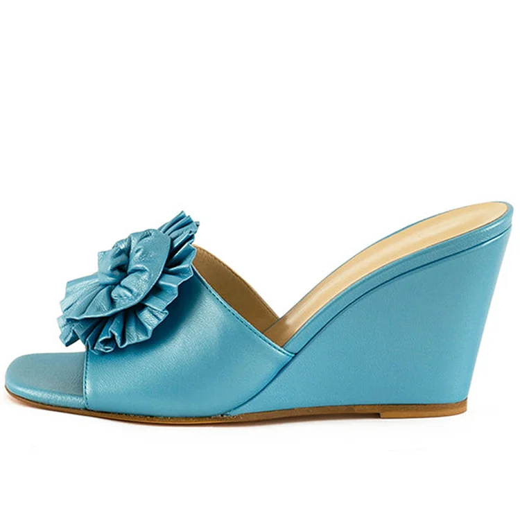 Elegant Blue Square Toe Mules Women's Flower Wedge Sandals |FSJ Shoes