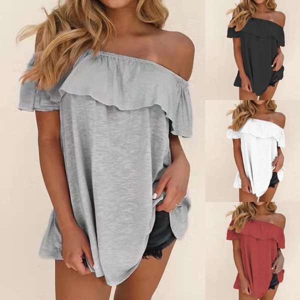 Womens Fashion Summer Clothing Casual Short Sleeved Tops Sexy Shoulder Blouses Ladies Solid Color Loose T-shirts - BlackFridayBuys