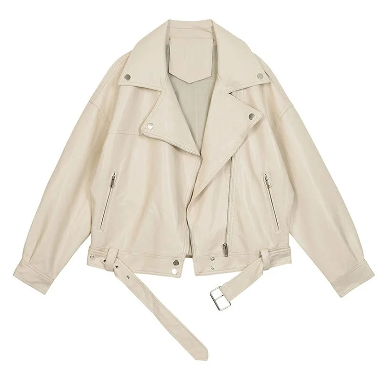 Street Solid Color Lapel Splicing Bandage Zip-up Faux Leather Coat   