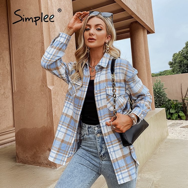 Simplee Autumn Winter Casual Women Polo Shirts Lapel Geometric Pattern Pocket Ladies Shirt cuffed shirt sleeves Female Shirt - BlackFridayBuys