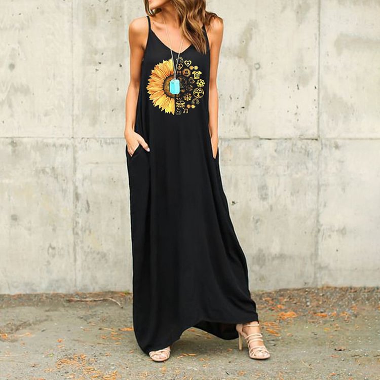 Casual Sunflower Print Slip Maxi Dress