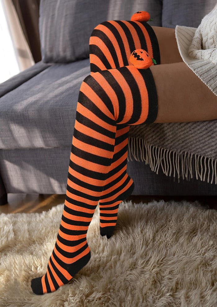 Halloween Pumpkin Face Striped Over Knee Long Socks socialshop