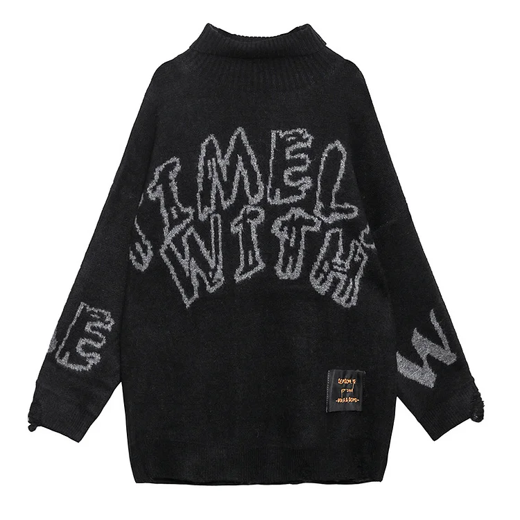 Retro Word Printed High-Neck Sweater