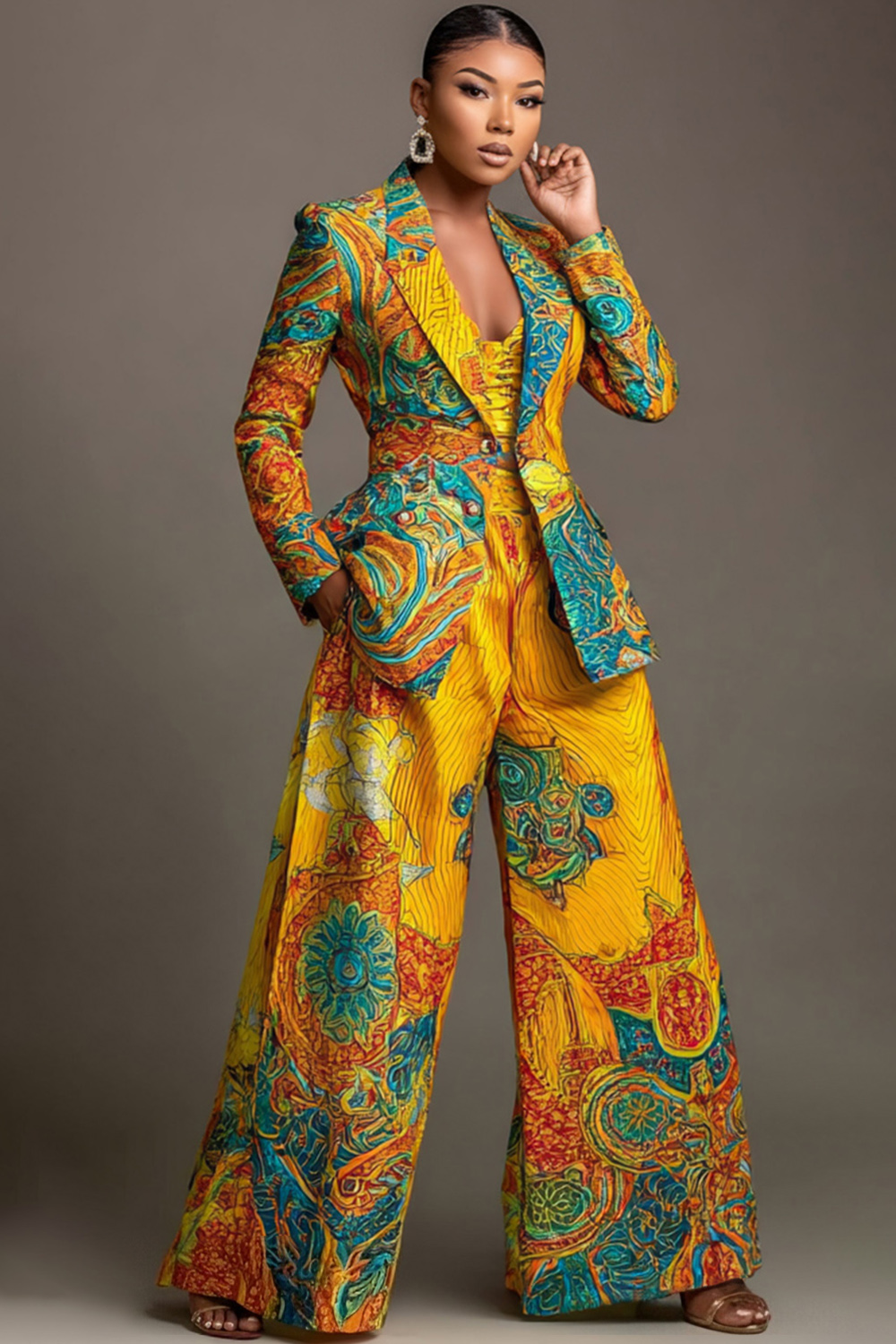 Xpluswear Design Plus Size Formal Yellow African Print Lapel