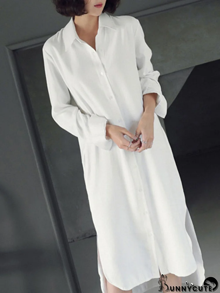 Simple Casual Solid Color Buttoned Lapel Collar Long Sleeves Midi Shirt Dress