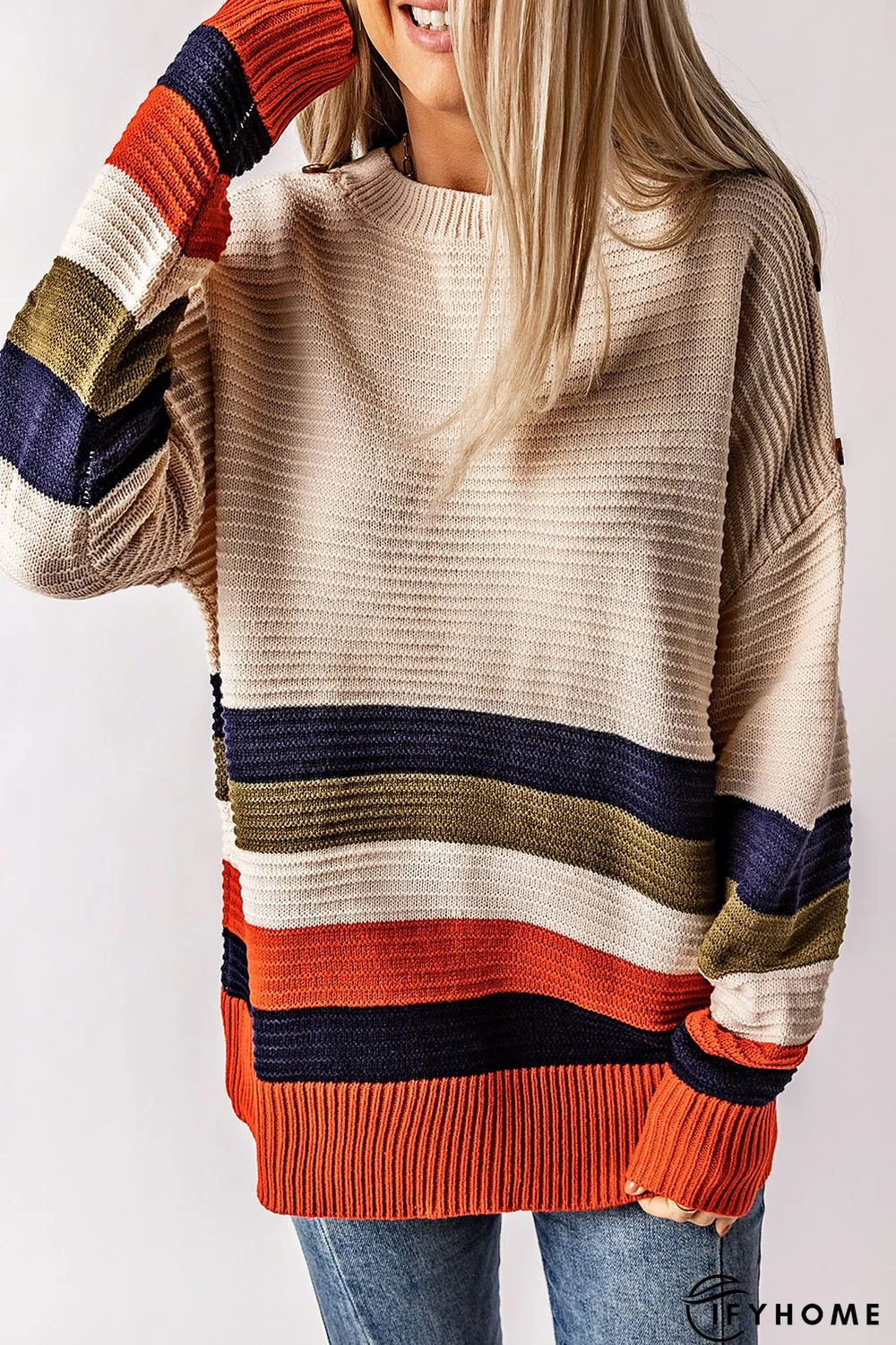 White Buttoned Shoulder Drop Shoulder Striped Sweater | IFYHOME