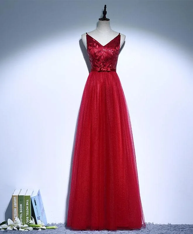 Burgundy V Neck Tulle Long Prom Dress