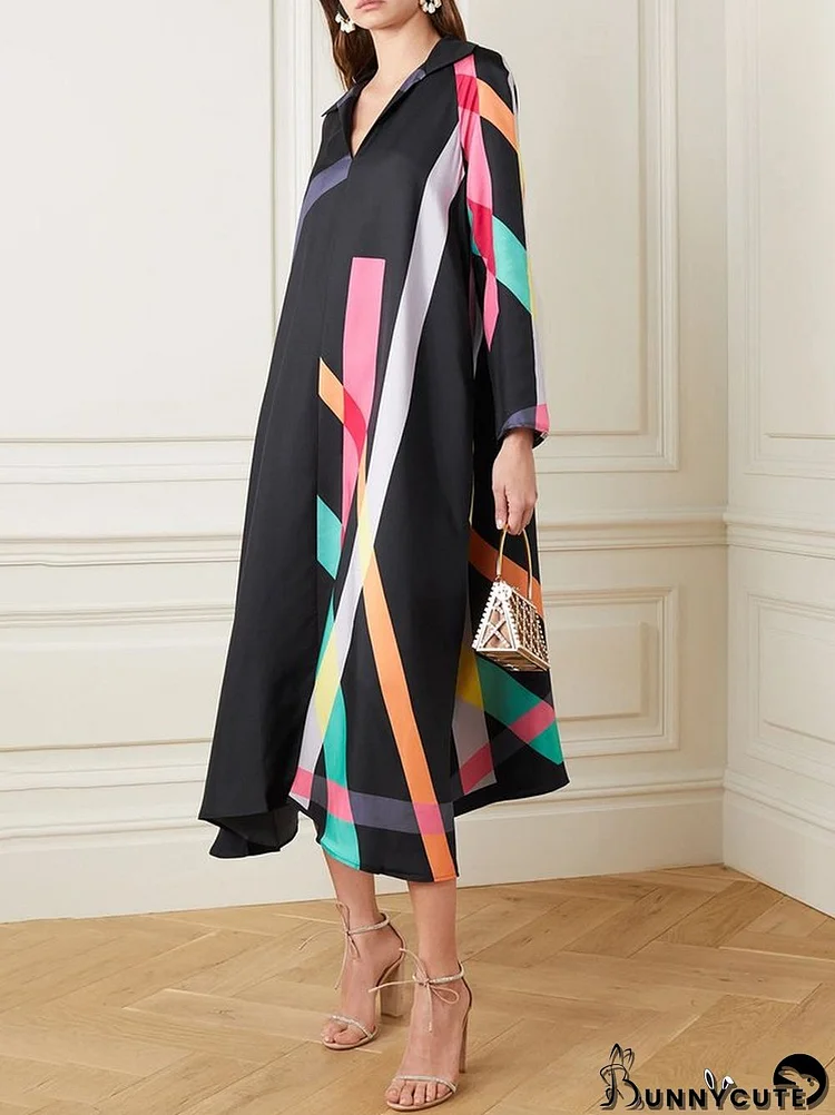 Stylish Irregularity Long Sleeves Contrast Color Striped V-Neck Midi Dresses