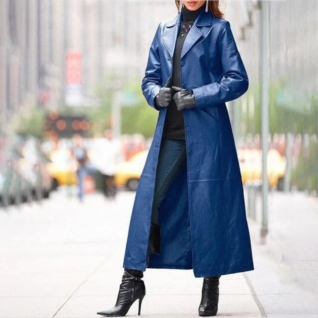 Plus Size Solid Color Lapel Single-breasted Long Sleeve Faux Leather Trench Coat 