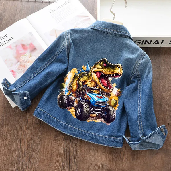 【18M-11Y】Boys Stylish Dinosaur And Car Print Blue Denim Jacket
