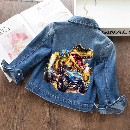【18M-11Y】Boys Stylish Dinosaur And Car Print Blue Denim Jacket