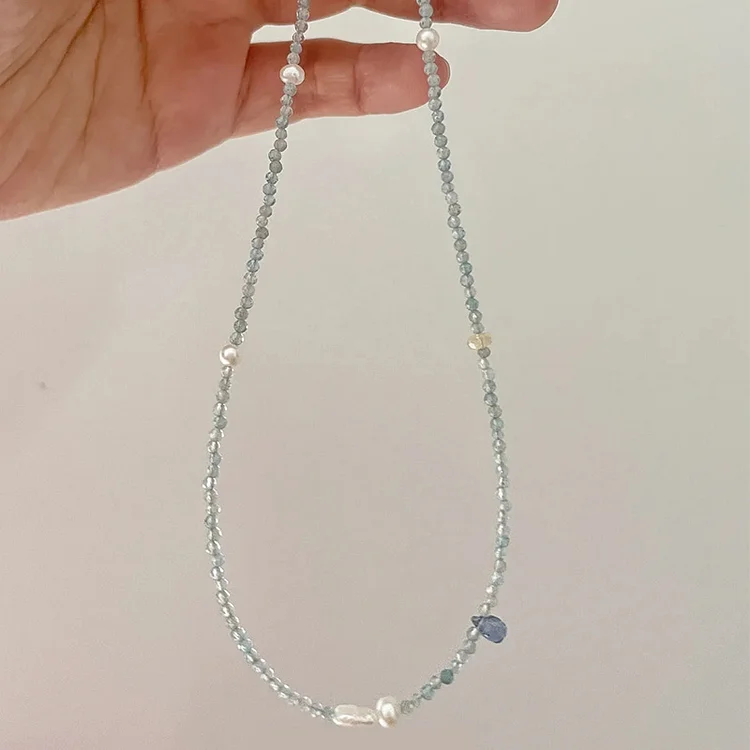 Sapphire Pearl Beaded Necklace Handmade Jewelry