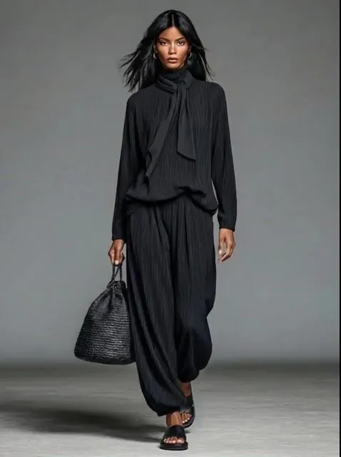Women's Black Crinkle Fabric Minimalist Tie Neck Long Sleeve Top & Harem Pants Set MD