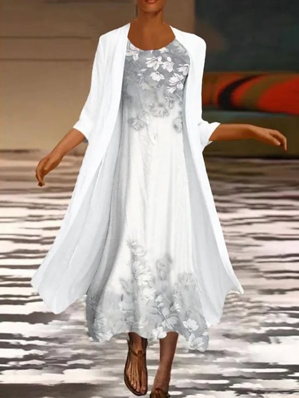 Floral Printed Flowy Maxi Dress With Cardigan Set Of 2