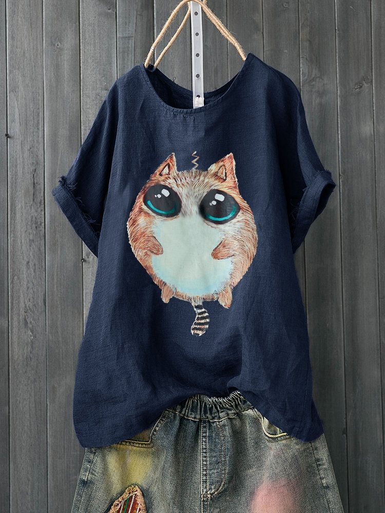 Casual Cartoon Cat Print Short Sleeve T shirt For Women P1469444