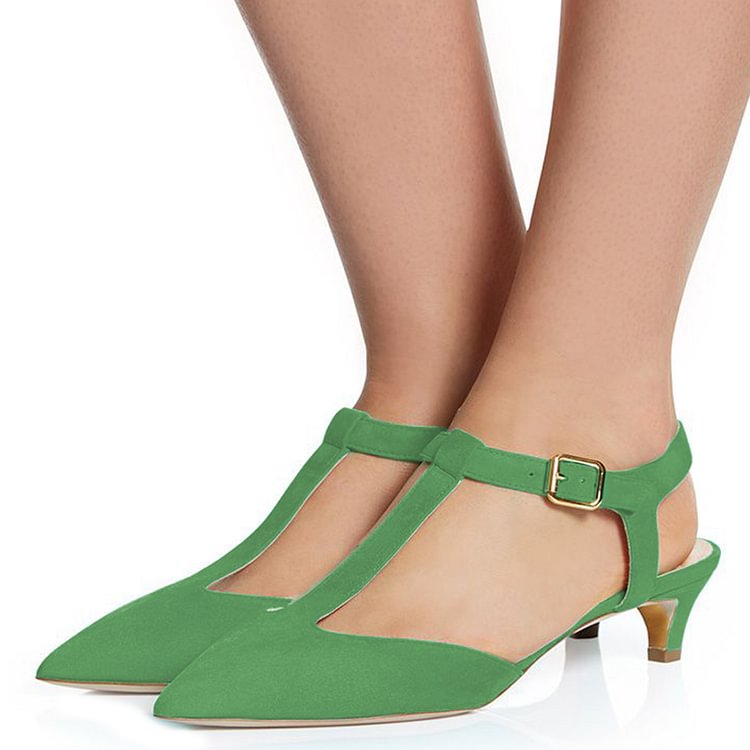 Green T Strap Heels Pointy Toe Slingback Kitten Heel Pumps |FSJ Shoes