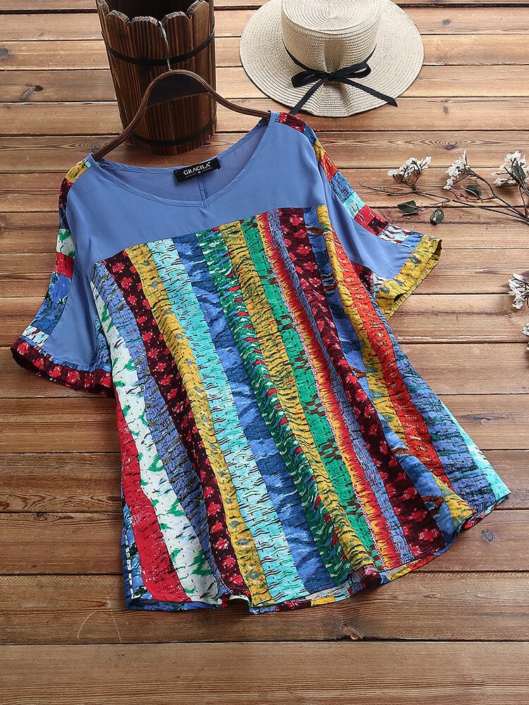 Striped Printed Patchwork V Neck Short Sleeve Blouse P1661388