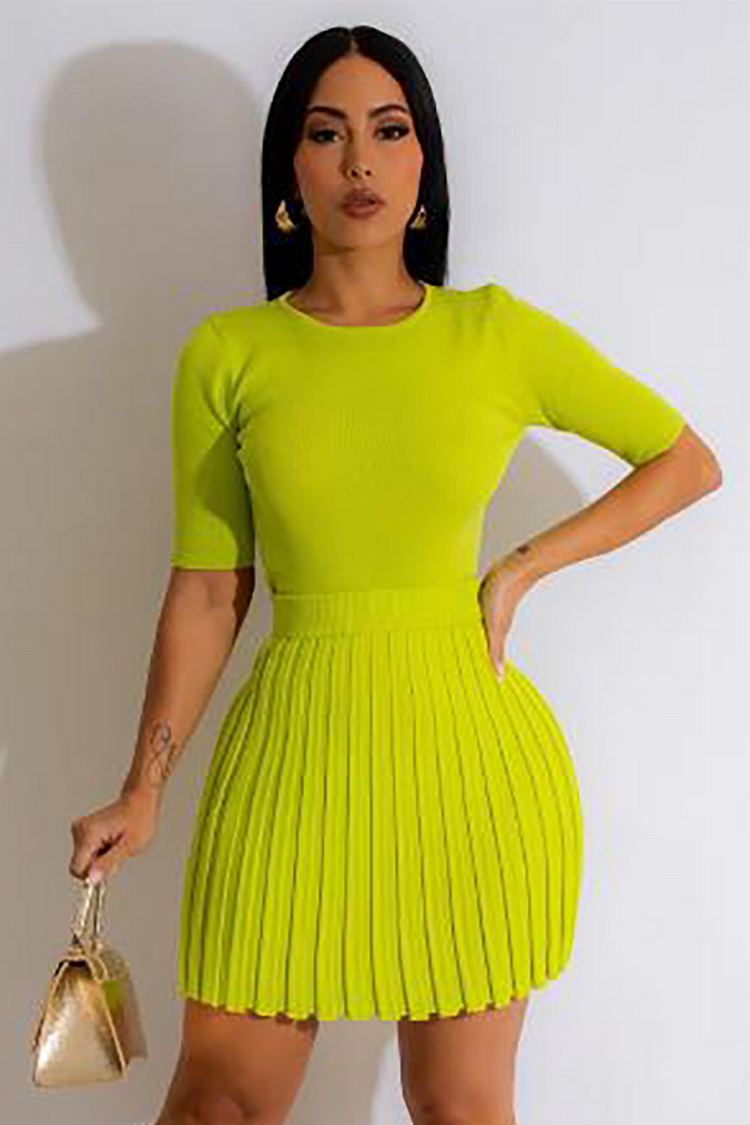 Solid Color Knit Short Sleeve Top Pleated Mini Skirt Matching Set-Green