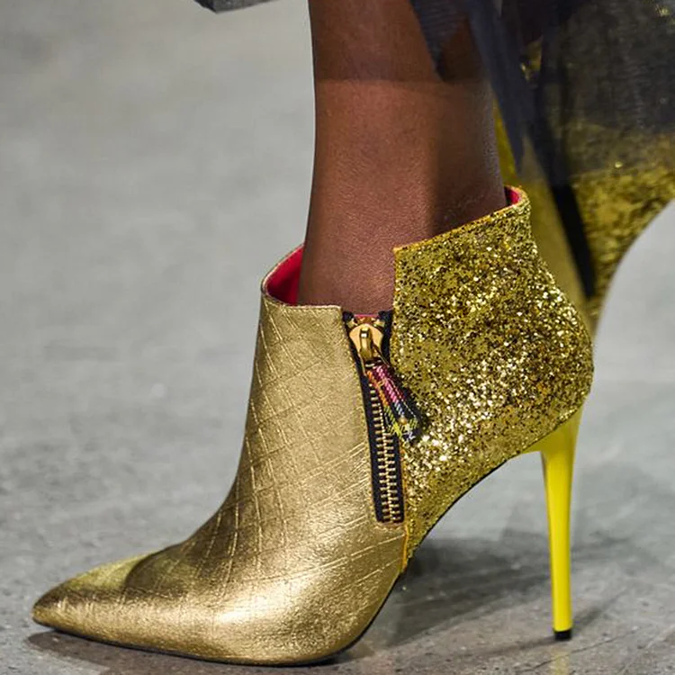 Gold Pointy Toe Zipper Shoes Stiletto Heel Glitter Ankle Boots |FSJ Shoes
