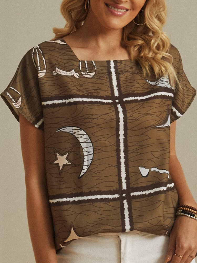 Star Moon Striped Printed Square Neck Short Sleeve Blouse P1724654