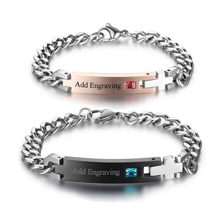 Personalized Couple Birthstone Bracelet Engraved Texts ID Bar Bracelets Set