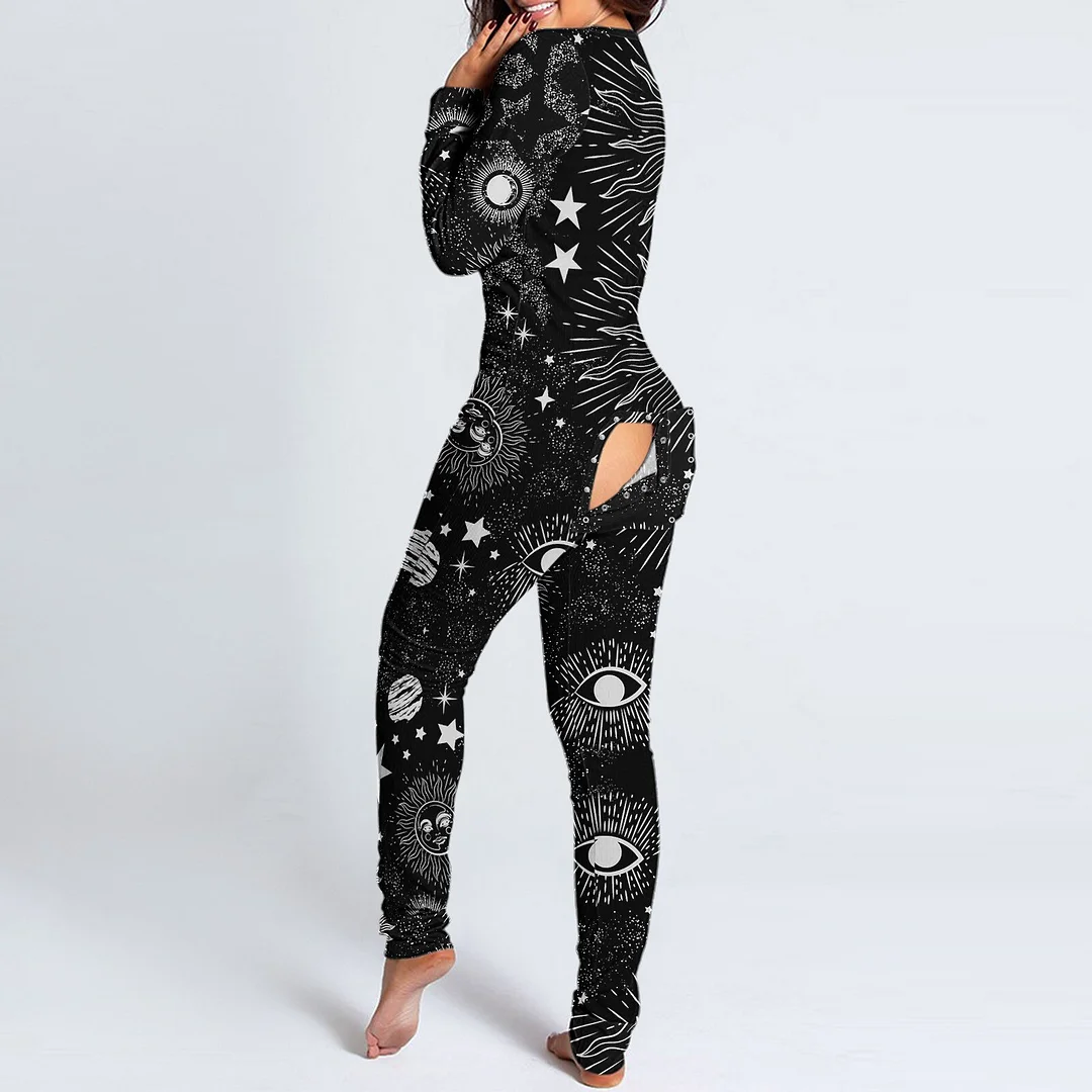 QJONG Women Pijamas Onesies Button Down Harajuku Black Print Functional Buttoned Flap Adults Romper Jumpsuit Sleepwear Pajamas Pyjama