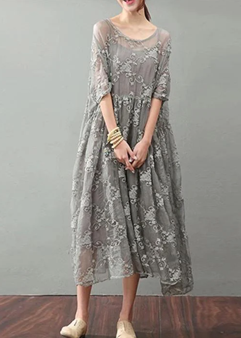 Vintage Gray Maxi Dress Trendy Plus Size Lace Gown Cozy Bracelet Sleeved Gown ( Limited Stock)