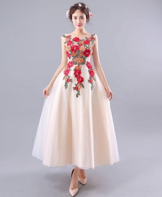 Champagne Tulle Tea Length Prom Dress, Lace Evening Dress
