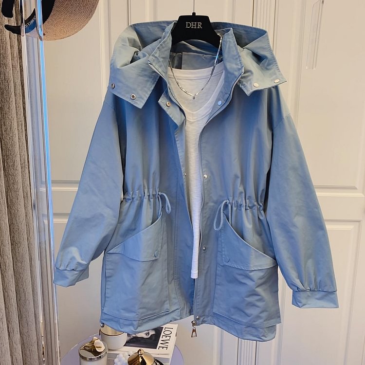 spring and autumn new ladies mid-length Korean fashion windbreaker jacket casual street hooded zipper jacket coat - BlackFridayBuys