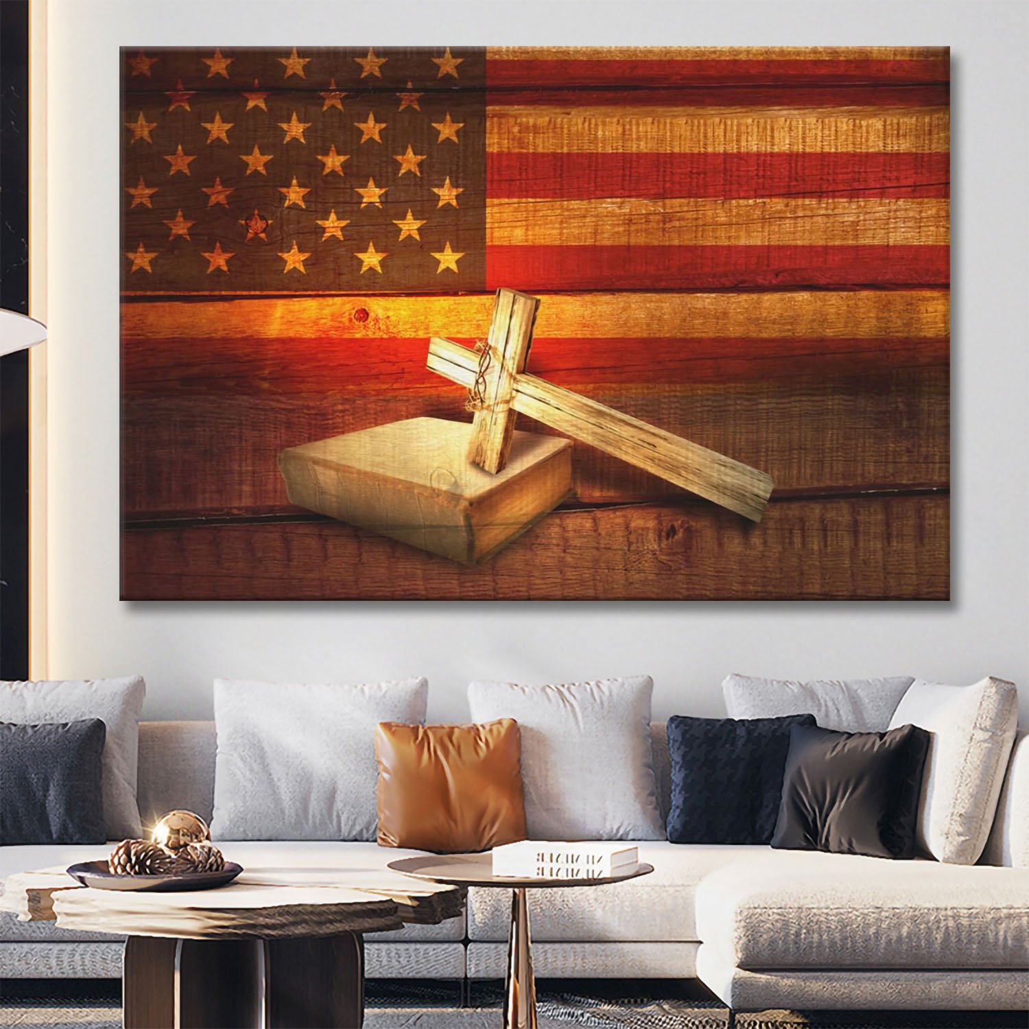 American flag with cross Holy Bible canvas print Canvas Wall Art