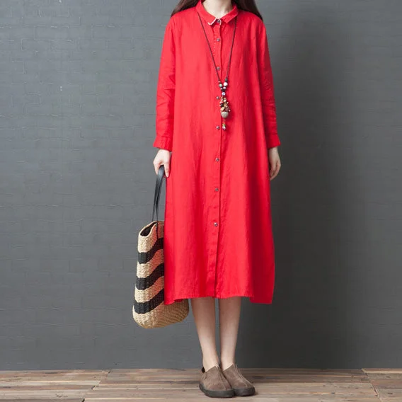 2019 spring new red linen shirt dress casual plus size long sleeve maxi dress